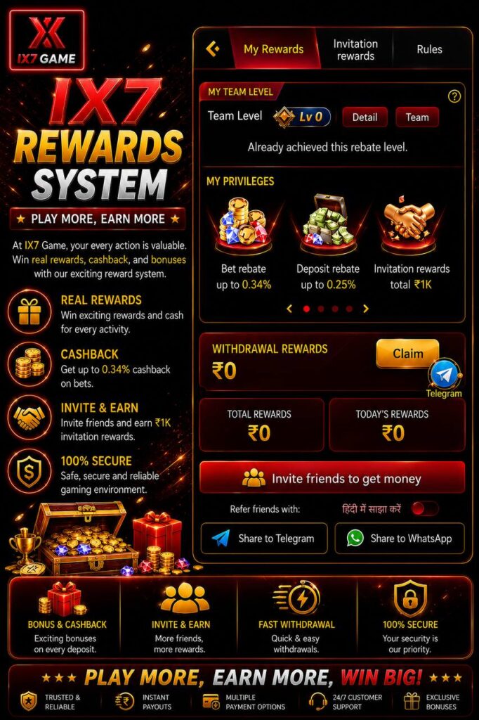 IX7 rewards system with cashback, invitation rewards and withdrawal features