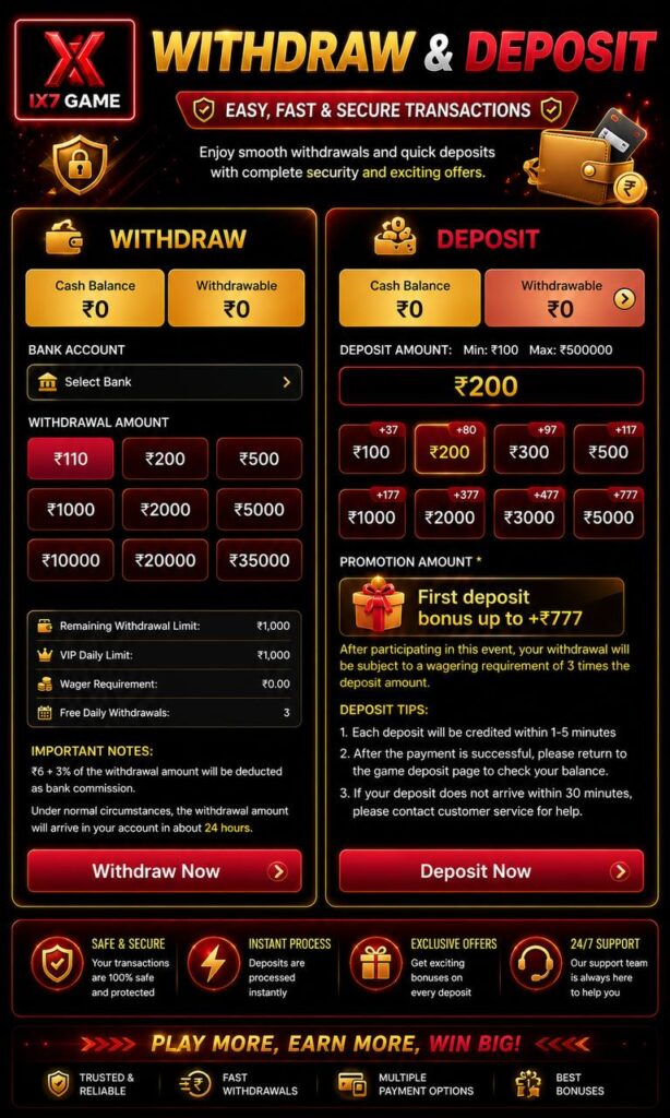 IX7 game app withdrawal and deposit options with payment details